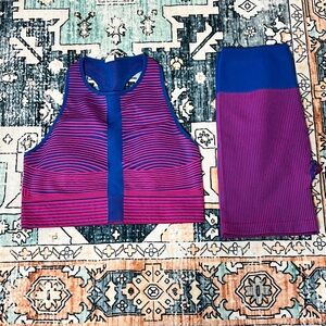Fabletics Purple and Blue Striped Athletic Set - Crop Top & Leggings